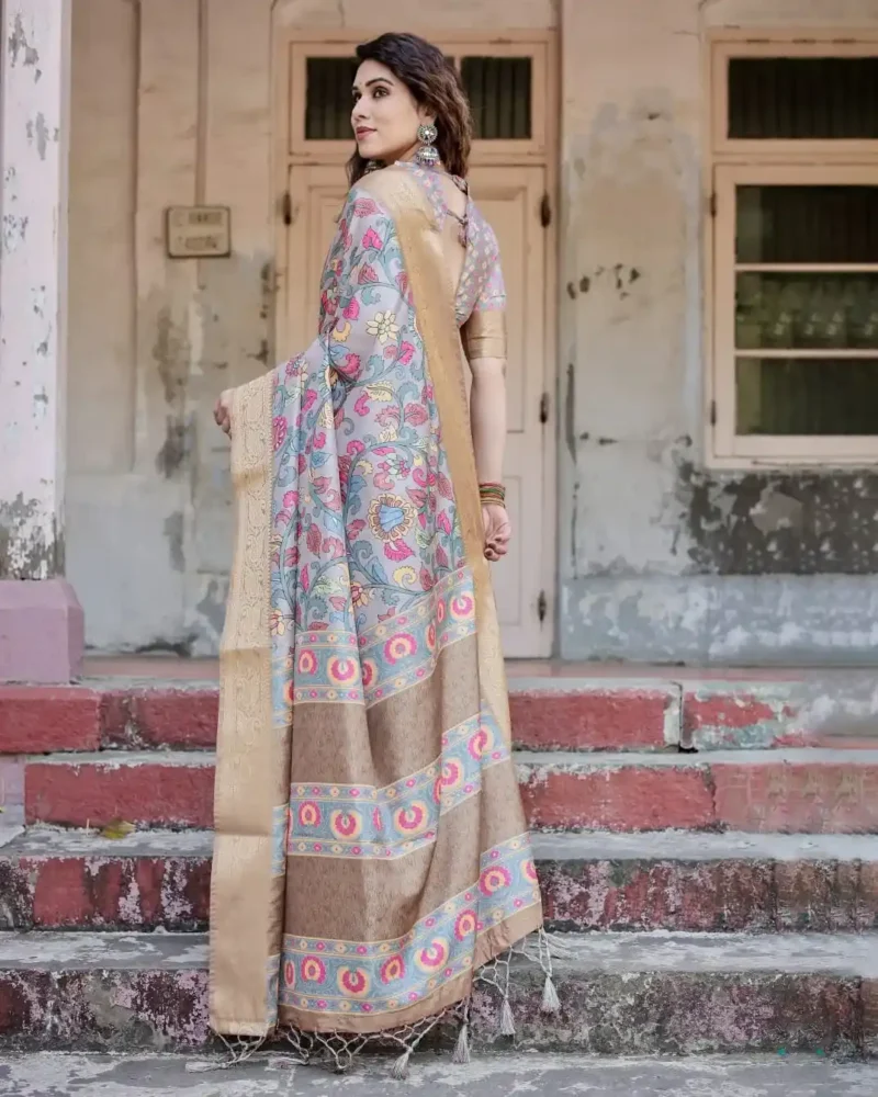 Muted Grey Hand Painted Floral Digital Print Tussar Silk Saree