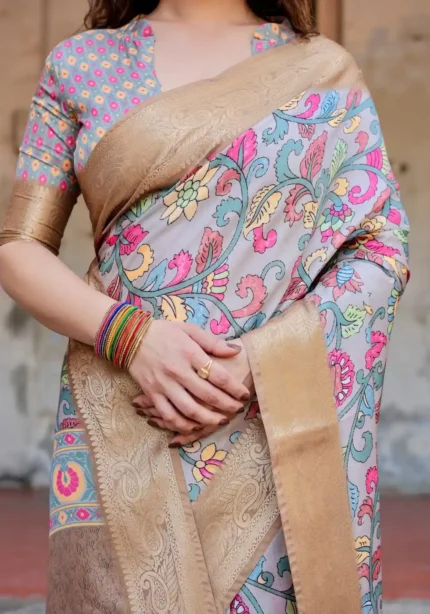 Muted Grey Hand Painted Floral Digital Print Tussar Silk Saree