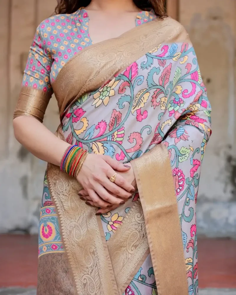 Muted Grey Hand Painted Floral Digital Print Tussar Silk Saree