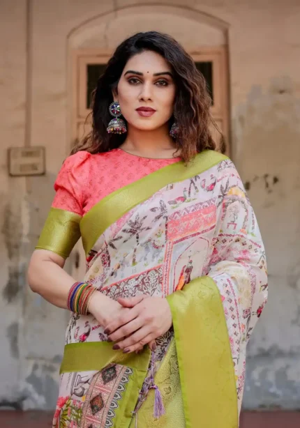 Off White Base With Pastel Green Zari Border Tussar Silk Saree