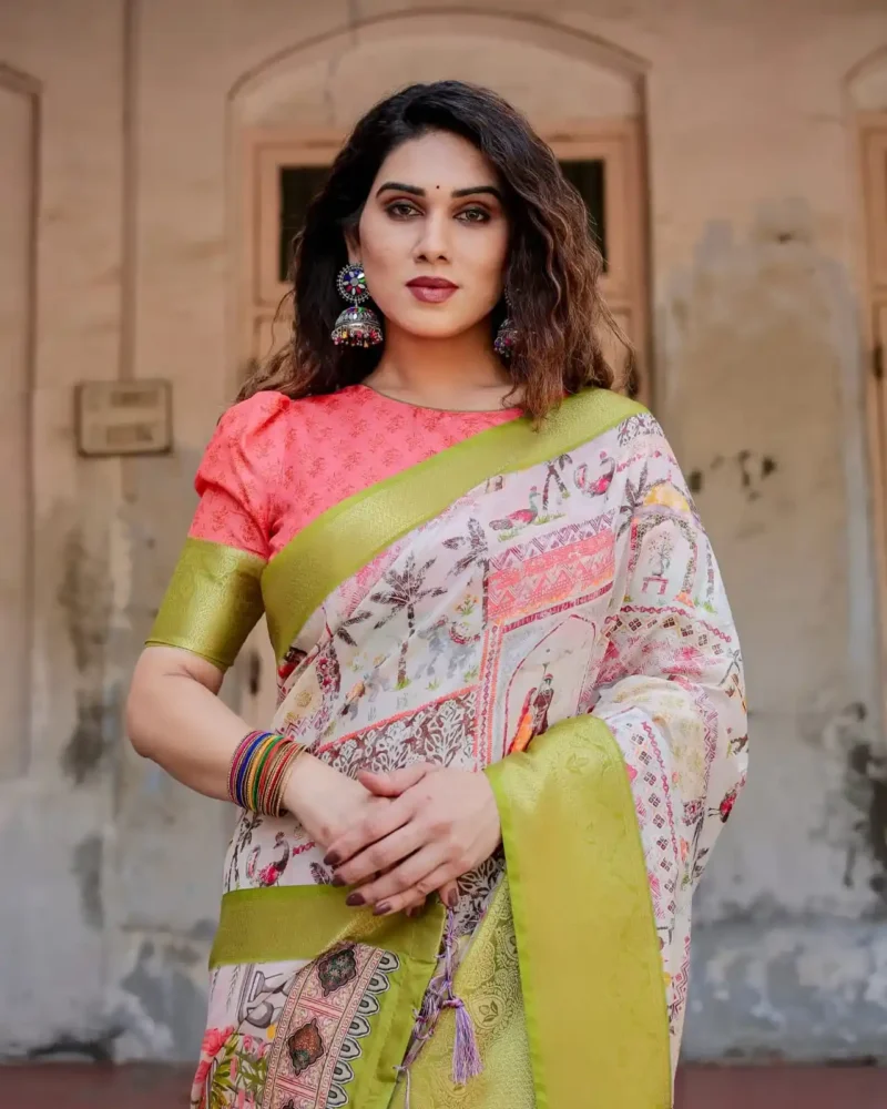 Off White Base With Pastel Green Zari Border Tussar Silk Saree
