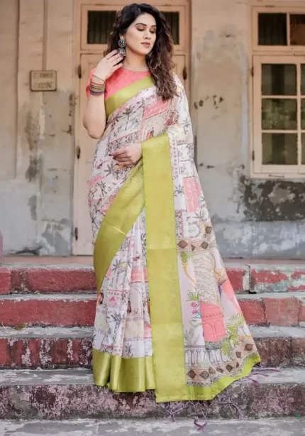 Off White Base With Pastel Green Zari Border Tussar Silk Saree