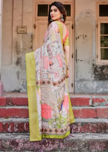 Off White Base With Pastel Green Zari Border Tussar Silk Saree