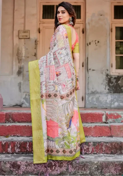 Off White Base With Pastel Green Zari Border Tussar Silk Saree