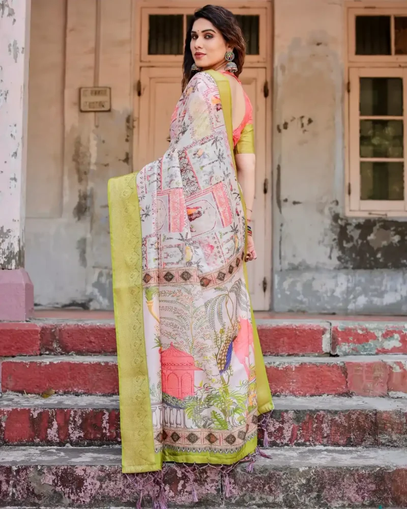 Off White Base With Pastel Green Zari Border Tussar Silk Saree