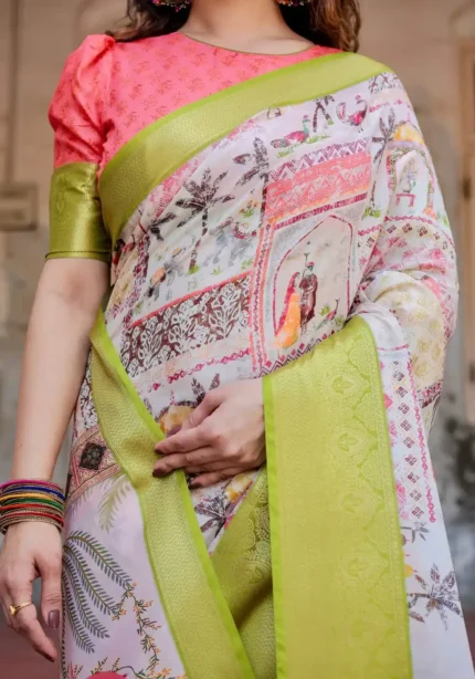 Off White Base With Pastel Green Zari Border Tussar Silk Saree