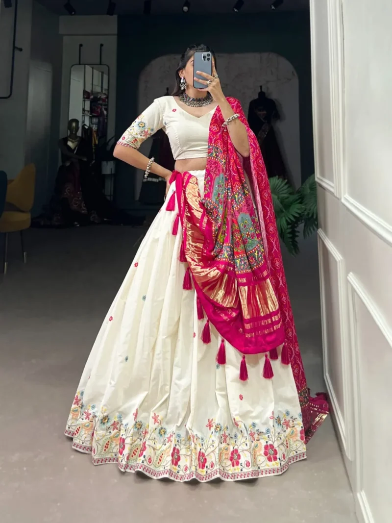 Off White Color Khadi Cotton Sequins and Thread Embroidery Work Lehenga Choli