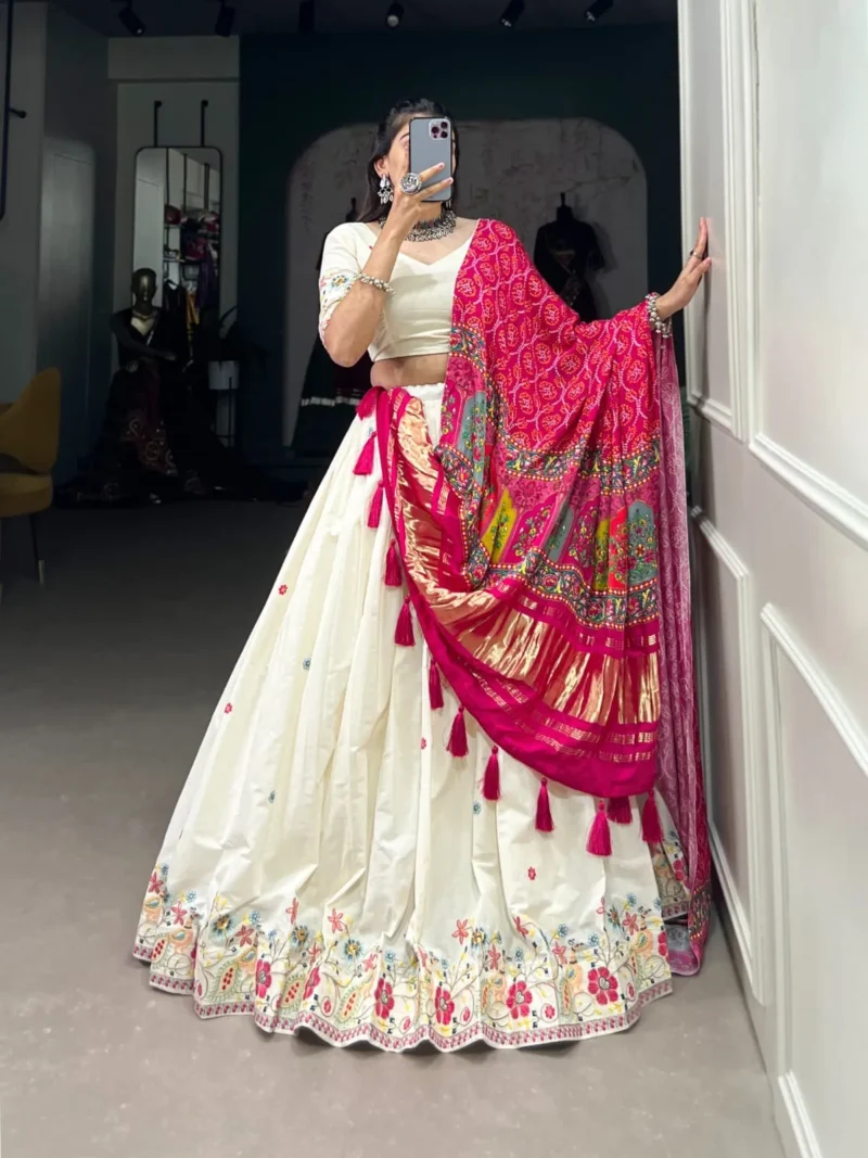 Off White Color Khadi Cotton Sequins and Thread Embroidery Work Lehenga Choli