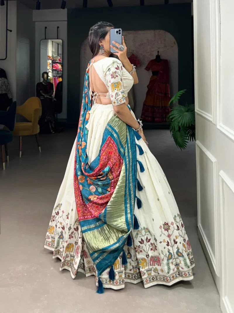 Off White Color Khadi Cotton Sequins and Thread Embroidery Work Lehenga Choli