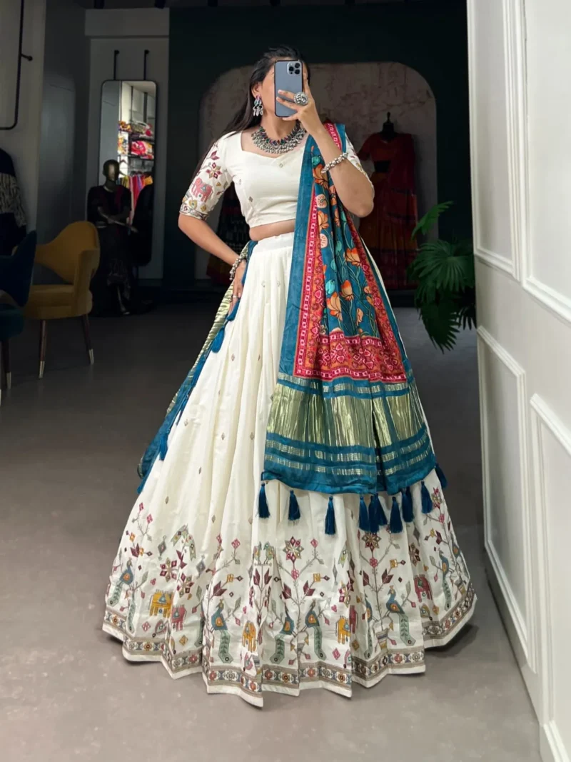 Off White Color Khadi Cotton Sequins and Thread Embroidery Work Lehenga Choli