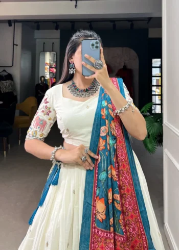 Off White Color Khadi Cotton Sequins and Thread Embroidery Work Lehenga Choli