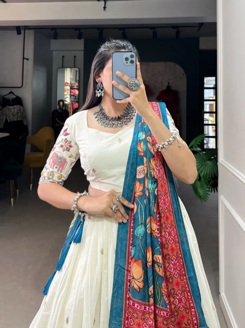 Off White Color Khadi Cotton Sequins and Thread Embroidery Work Lehenga Choli