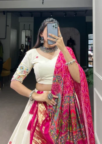 Off White Color Khadi Cotton Sequins and Thread Embroidery Work Lehenga Choli