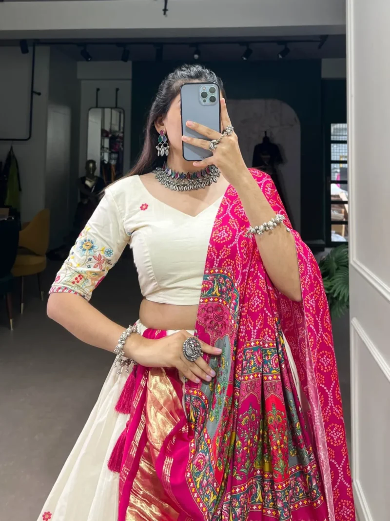 Off White Color Khadi Cotton Sequins and Thread Embroidery Work Lehenga Choli