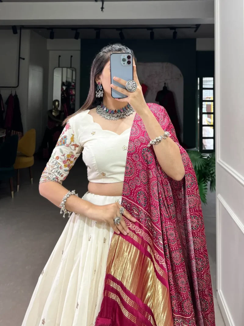 Off White Color Khadi Cotton Sequins and Thread Embroidery Work Lehenga Choli
