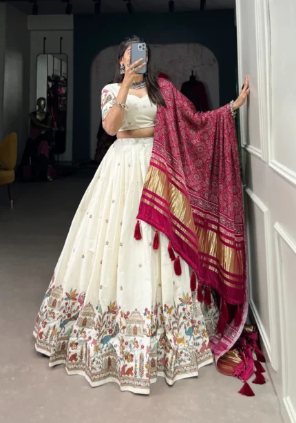 Off White Color Khadi Cotton Sequins and Thread Embroidery Work Lehenga Choli