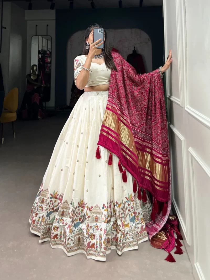 Off White Color Khadi Cotton Sequins and Thread Embroidery Work Lehenga Choli