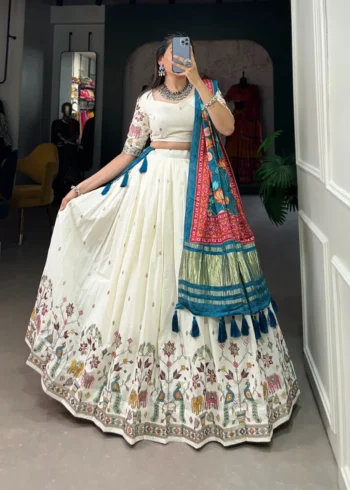 Off White Color Khadi Cotton Sequins and Thread Embroidery Work Lehenga Choli