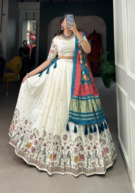 Off White Color Khadi Cotton Sequins and Thread Embroidery Work Lehenga Choli