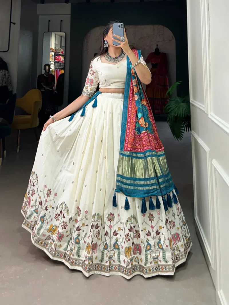 Off White Color Khadi Cotton Sequins and Thread Embroidery Work Lehenga Choli