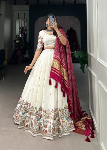 Off White Color Khadi Cotton Sequins and Thread Embroidery Work Lehenga Choli