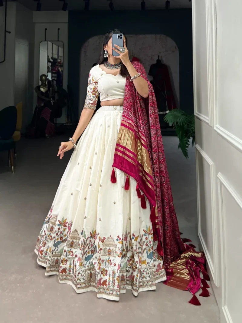 Off White Color Khadi Cotton Sequins and Thread Embroidery Work Lehenga Choli