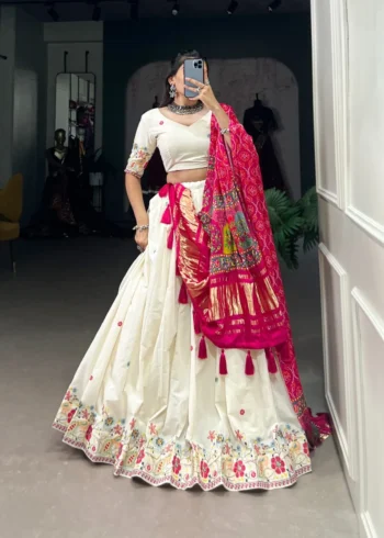 Off White Color Khadi Cotton Sequins and Thread Embroidery Work Lehenga Choli