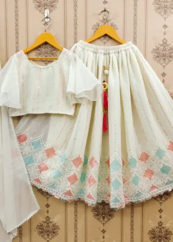 Off White Color Sequins Embroidered Party Wear Lehenga for Kids