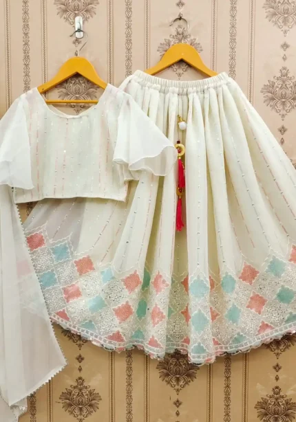 Off White Color Sequins Embroidered Party Wear Lehenga for Kids