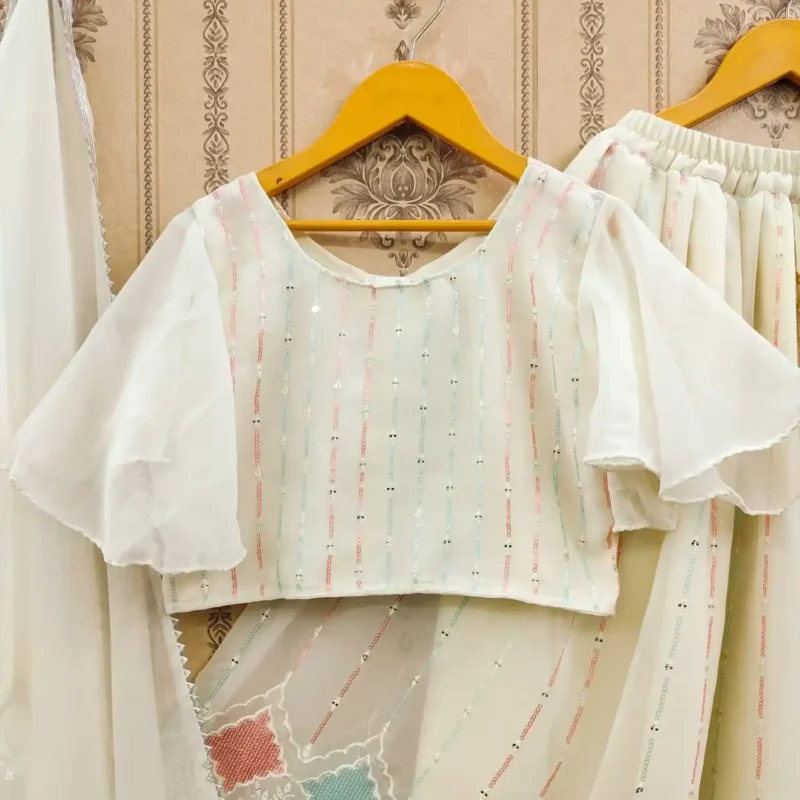 Off White Color Sequins Embroidered Party Wear Lehenga for Kids