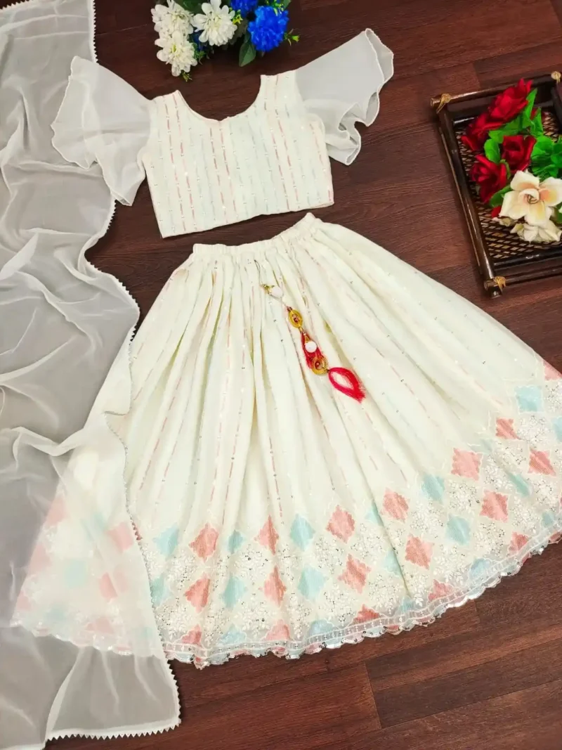 Off White Color Sequins Embroidered Party Wear Lehenga for Kids
