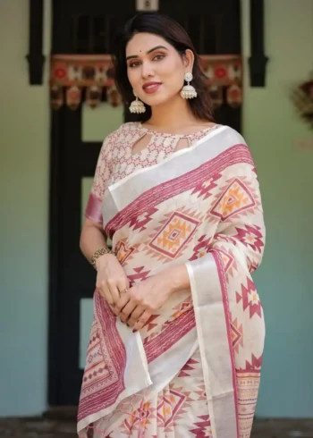 Orange Tribal Geometric Motifs Pure Linen Saree