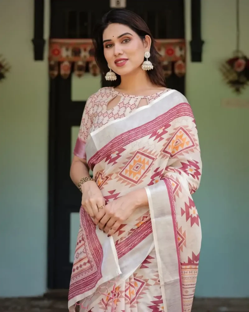Orange Tribal Geometric Motifs Pure Linen Saree