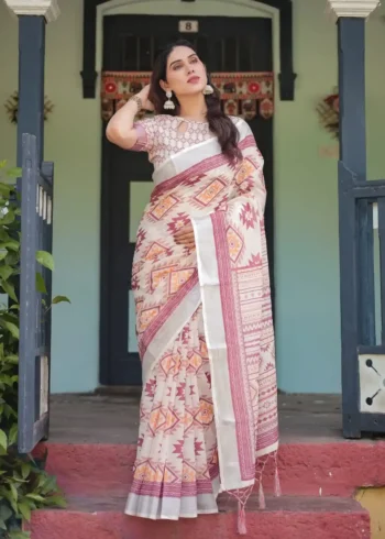 Orange Tribal Geometric Motifs Pure Linen Saree