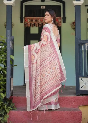 Orange Tribal Geometric Motifs Pure Linen Saree