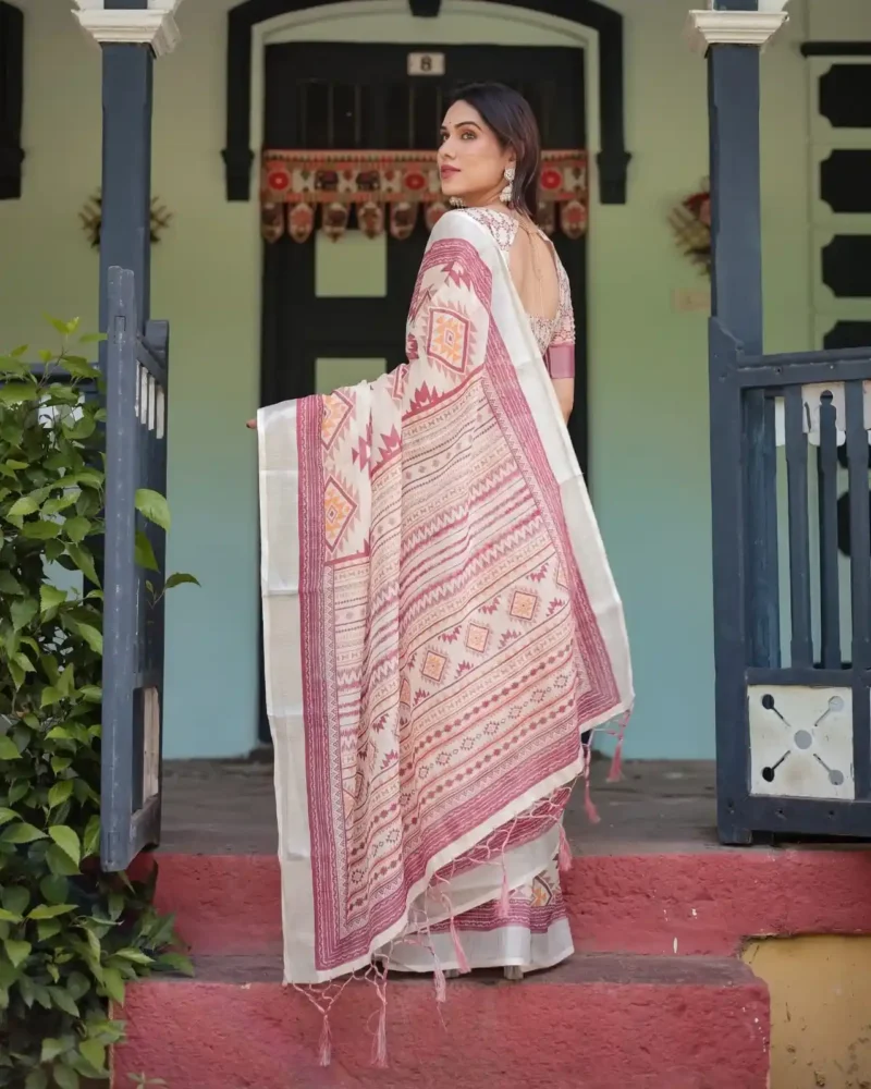 Orange Tribal Geometric Motifs Pure Linen Saree