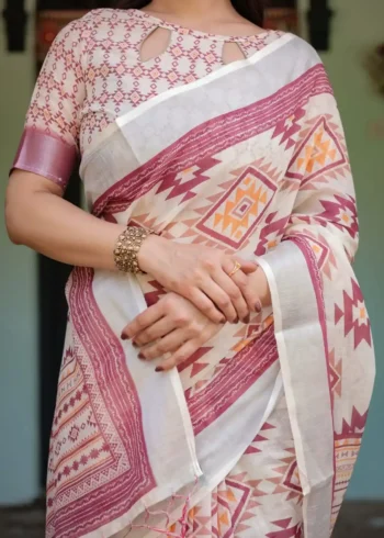 Orange Tribal Geometric Motifs Pure Linen Saree