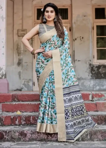 Pastel Beige Geometric Digital Printed Tussar Silk Saree