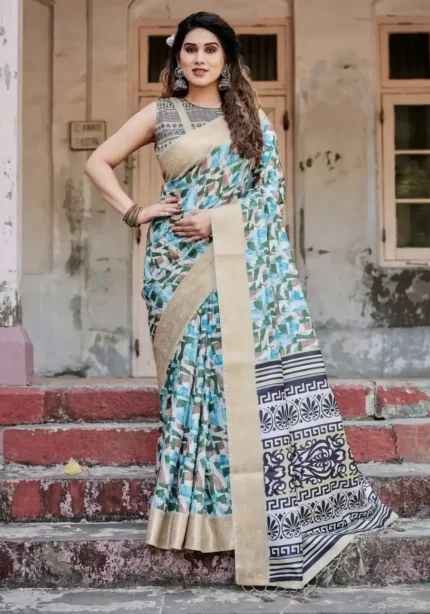 Pastel Beige Geometric Digital Printed Tussar Silk Saree