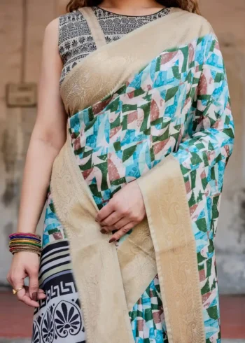 Pastel Beige Geometric Digital Printed Tussar Silk Saree