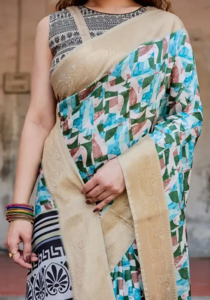 Pastel Beige Geometric Digital Printed Tussar Silk Saree