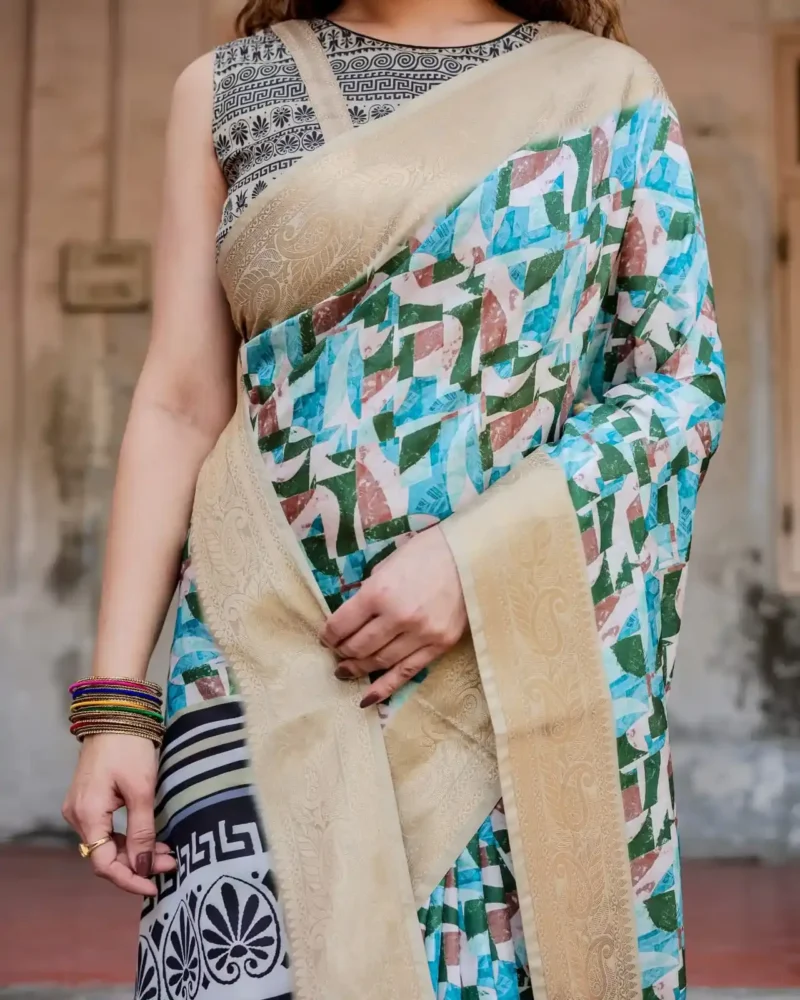 Pastel Beige Geometric Digital Printed Tussar Silk Saree