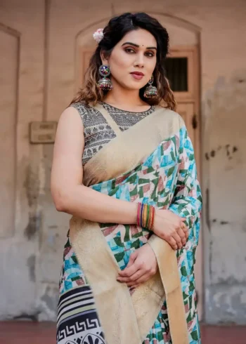 Pastel Beige Geometric Digital Printed Tussar Silk Saree