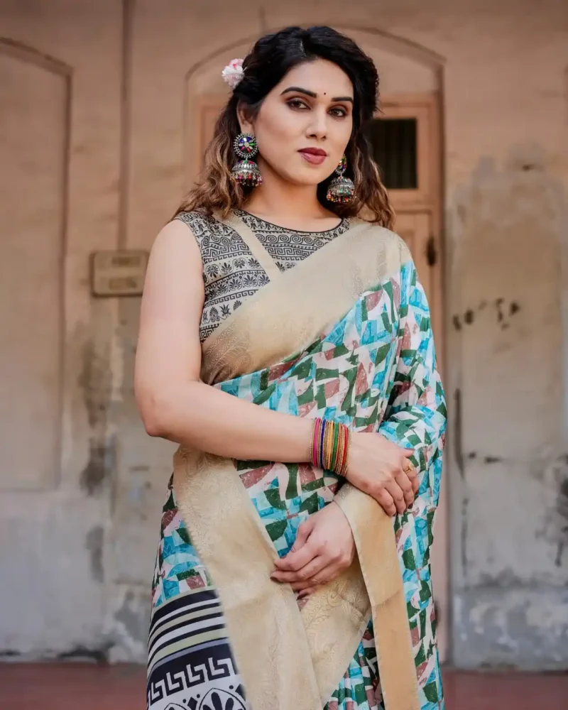 Pastel Beige Geometric Digital Printed Tussar Silk Saree