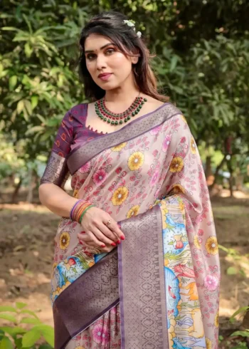 Buy Rajwadi saree 8 Pastel Beige Lilac Floral Peacock Hand Painted Tussar Silk Saree