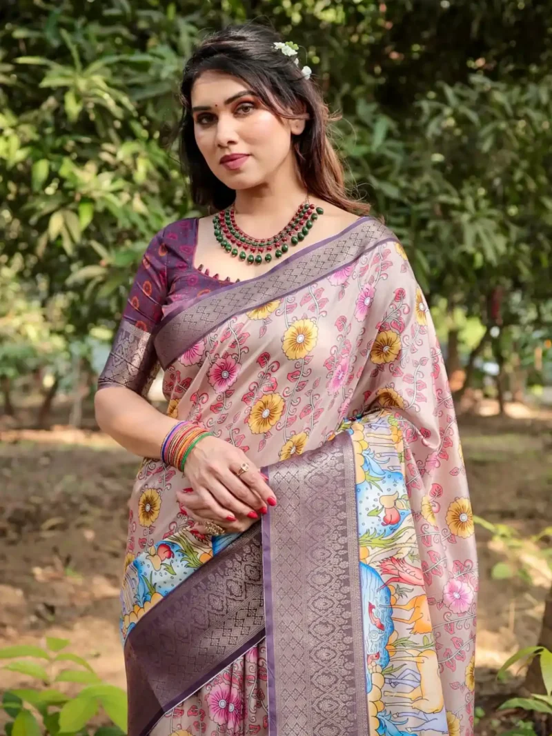 Pastel Beige Lilac Floral Peacock Hand Painted Tussar Silk Saree