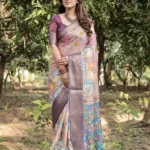 Pastel Beige Lilac Floral Peacock Hand Painted Tussar Silk Saree
