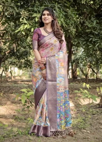 Pastel Beige Lilac Floral Peacock Hand Painted Tussar Silk Saree