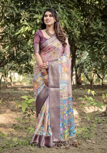 Pastel Beige Lilac Floral Peacock Hand Painted Tussar Silk Saree