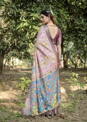 Pastel Beige Lilac Floral Peacock Hand Painted Tussar Silk Saree